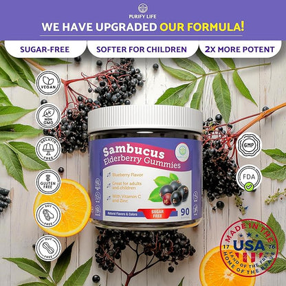 Purify Life Sugar-Free Elderberry Gummies with Vitamin C & Zinc for Adults and Kids, Immune Support Supplement for Respiratory Health, Sambucus Elderberry Antioxidant Gummies - Vegan, 90 Count