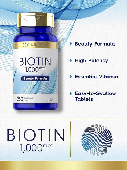 Carlyle Biotin 1000mcg | 250 Vegetarian Tablets | Beauty Formula Supplement | Non-GMO, Gluten Free