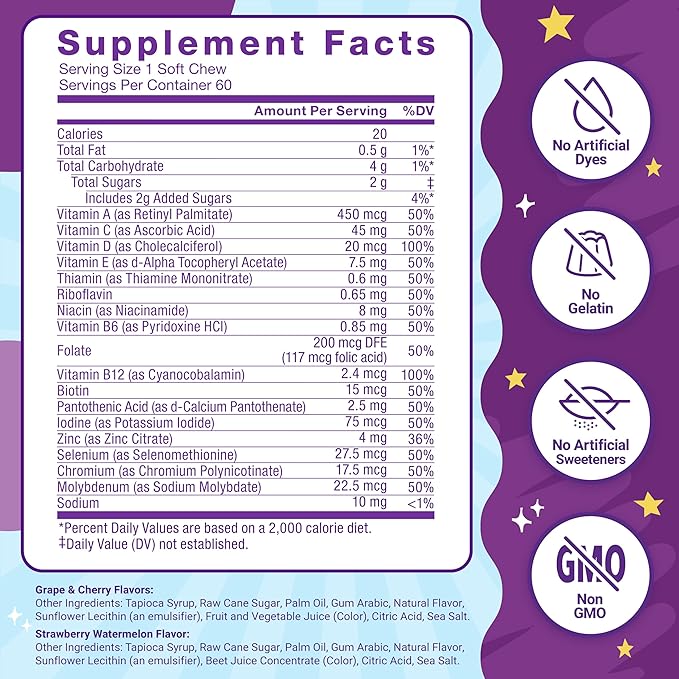 Force Factor Kids Multivitamin Super Chews, Kids Vitamins to Support Wellness, Immune Health, Eye Health, & More with 18 Vitamins, Minerals, & Antioxidants, 2-Month Supply, Multi-Flavor, 60 Soft Chews