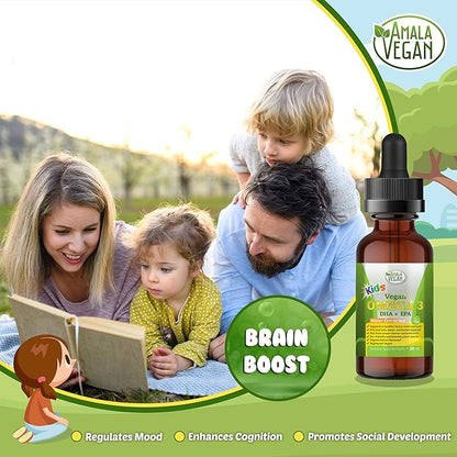 Omega 3 for Kids - Organic Lemon, Vegan, Liquid Supplement - Kids Fish Oil with DHA, EPA, DPA Fatty Acids - Plant Based Algae Oil - Immune, Heart, Brain Health for Children- 30-60 Doses