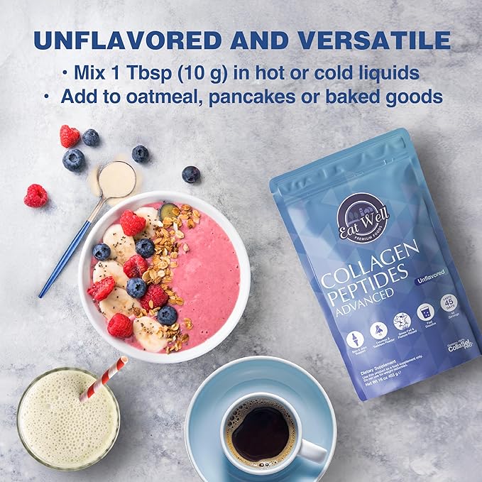 EAT WELL PREMIUM FOODS Collagen Peptides Powder Protein 45 Servings, 16oz, Collagen for Skin, Bone and Joint Support, Type I & III Grass Fed Collagen Supplements for Women and Men, Keto, Amino Acids