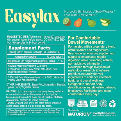 Easylax - Supports Healthy Bowel Movements, Digestive Health & Natural Elimination - Gentle and Safe with Magnesium & Kiwi Proprietary Blend - 60 Vegan Capsules, 60 Day Supply