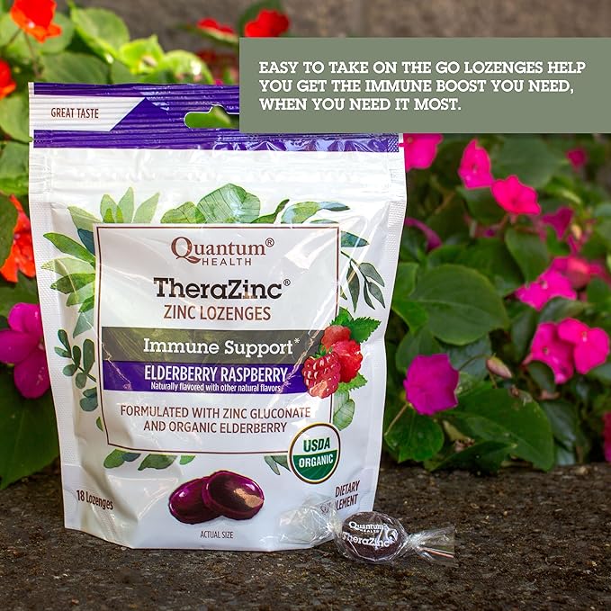 Quantum Health TheraZinc Organic Zinc Lozenges Elderberry Sambucus Raspberry & Honey Immune Support for Adults & Kids 12+ Naturally Flavored Fast Relief with No Aftertaste -18 Count (Package may vary)
