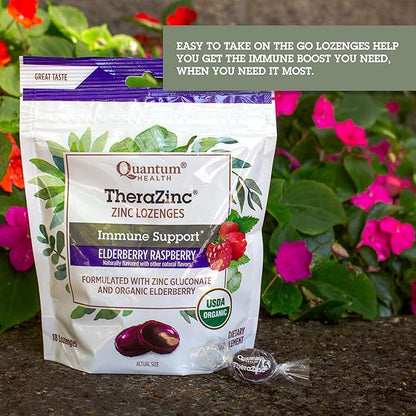 Quantum Health TheraZinc Organic Zinc Lozenges Elderberry Sambucus Raspberry & Honey Immune Support for Adults & Kids 12+ Naturally Flavored Fast Relief with No Aftertaste -18 Count (Package may vary)