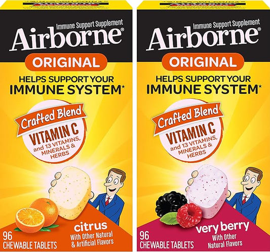 Airborne 1000mg Vitamin C Chewable Tablets Citrus & Very Berry Flavor Bundle - Immune Support Supplement with Zinc and Powerful Antioxidant Vitamins A C & E, (2x96ct bottles)*