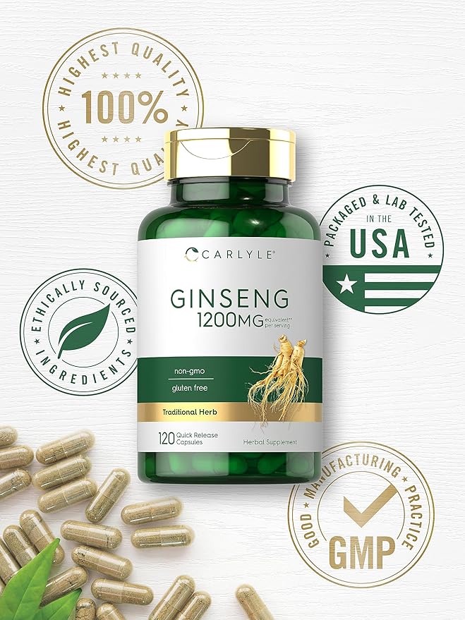 Carlyle Ginseng Extract Supplement | 120 Capsules | 1200mg | Pills for Men & Women | Non-GMO and Gluten Free