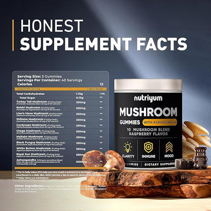 Mushroom Gummies 10 Blend 120 pcs - Lions Mane, Ashwagandha, Turkey Tail, Cordyceps, Chaga, Reishi Mushroom Complex - Mushroom Supplement for Immune, Energy, Clarity & Cognitive