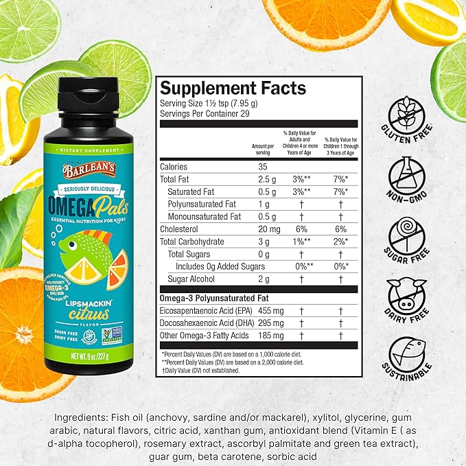 Barlean's Omega Pals Lipsmackin' Citrus Flavored Omega-3 for Kids, Yummy Children's Liquid Fish Oil Supplement with 750 mg of EPA & DHA for Brain & Eye Health, 8 oz