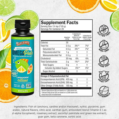 Barlean's Omega Pals Lipsmackin' Citrus Flavored Omega-3 for Kids, Yummy Children's Liquid Fish Oil Supplement with 750 mg of EPA & DHA for Brain & Eye Health, 8 oz