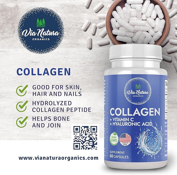 Collagen + Vitamin C + Hyaluronic Acid | Hydrolized Peptide | Specially formulated for Women | Type I, II and III | 60 Capsules