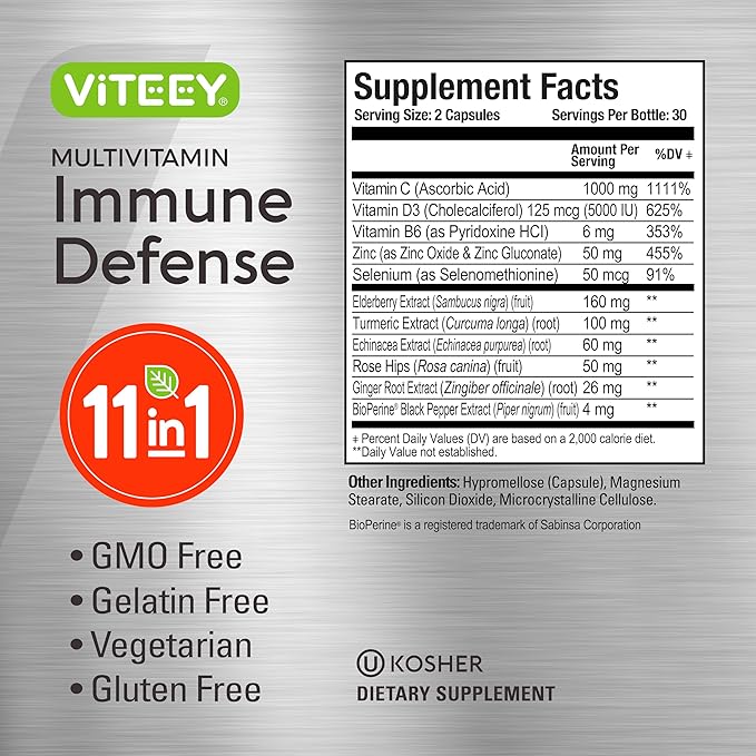 Viteey 11 in 1 Multivitamin Immune Defense Supplement - Immune Booster Capsules with Vitamin D3, Vitamin B6, Echinacea, Turmeric, Rose-HIPS, Selenium, BioPerine, Ginger, Elderberry Vitamin C and Zinc