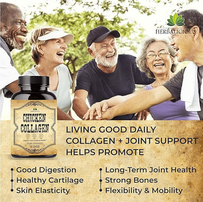 Chicken Collagen Capsules - Type II Collagen Nutritional Supplement for Joint, Skin & Bone Support - Non-GMO, Anti-Aging Dietary Supplements with Hydrolyzed Collagen Peptides - 120 Capsules