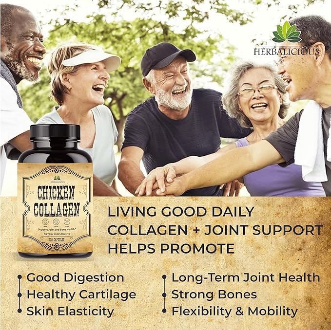 Chicken Collagen Capsules - Type II Collagen Nutritional Supplement for Joint, Skin & Bone Support - Non-GMO, Anti-Aging Dietary Supplements with Hydrolyzed Collagen Peptides - 120 Capsules