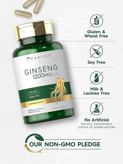 Carlyle Ginseng Extract Supplement | 120 Capsules | 1200mg | Pills for Men & Women | Non-GMO and Gluten Free