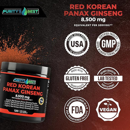 Purity’s Best RED Korean PANAX Ginseng Powder + 4X + 10x + 20x Extract, 8,500mg Eq. Per Serving, 5% Ginsenosides!, High Potency Ginsenosides for Energy, Concentration & Immune Support, 120 Capsules