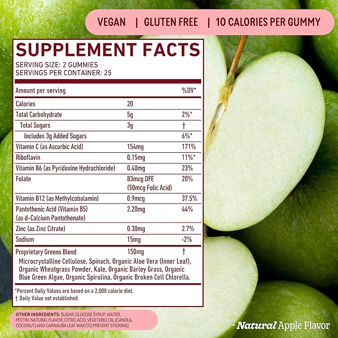 8Greens Supergreens Gummies | Super Greens Powder Superfood Gummy for Metabolism, Immunity & Focus, Digestive Health Enzymes, Organic: Chlorella, Spirulina, Aloe Vera, Apple Flavor, 200 Count