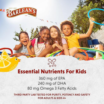 Barlean's Omega Pals Chirpin' Slurpin' Omega 3 for Kids, Yummy Lemonade Flavored Children's Liquid Fish Oil Supplement with 540 mg of EPA and DHA for Brain and Eye Health, 8 oz