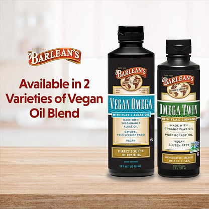 Barlean's Vegan Omega Liquid Flax and Algae Oil Plant Based EPA DHA Supplement from Algal Oil and Organic Flaxseed, Omegas 3 6 and 9 Fatty Acid Supplements, 16 Ounces