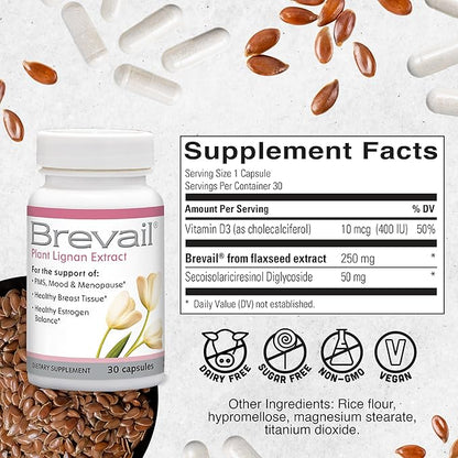 Brevail Plant Lignan Extract Capsules, Proactive Breast Health Supplement with 50 mg SDG Lignans from Flax Seed Hulls for Healthy Estrogen Balance and PMS Mood Support Pills, 30 Count