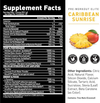 Kaged Pre Workout Powder Pre-Workout Elite for Men & Women High Stimulant for Energy, Focus, Pumps L-Citrulline, Beta Alanine, Creatine & 388mg of Organic Caffeine Caribbean Sunrise Servings