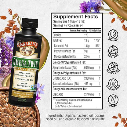 Barlean's Omega Twin Liquid Flaxseed Oil and Pure Borage Oil Supplement with Lignans, 6,010mg ALA and 465mg GLA Omega Fatty Acids from Organic Flax Seed and Cold Pressed Borage Seeds, 12 oz
