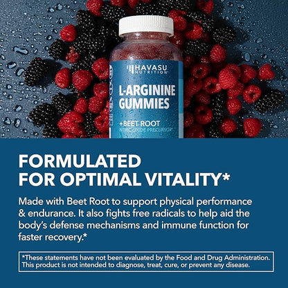 L-Arginine Gummies with L-Citrulline and Beet Root - Nitric Oxide Supplement - 90 Count - Energy, Endurance, and Recovery Support - Vegan, Non-GMO - Energizing Sour Berry Flavor, 30-Day Serving