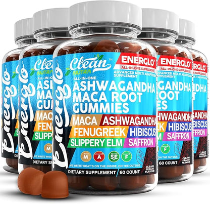 Ashwagandha Maca Root Gummies with Fenugreek Hibiscus Slippery Elm Saffron Extract & Beta Carotene | Peach Flavor Vegan Gummy Vitamins Adaptogen Cortisol Supplement Energlo by Clean Nutra (5)