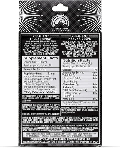 Vocal Eze Voice Saver Kit, Includes Vocal Herbal Throat Spray (1) and (12) Manuka Honey Drops | Relieve Sore, Hoarse, Fatigue, Dryness of Throat | Immune Support, Natural Ingredients (Aniseed)