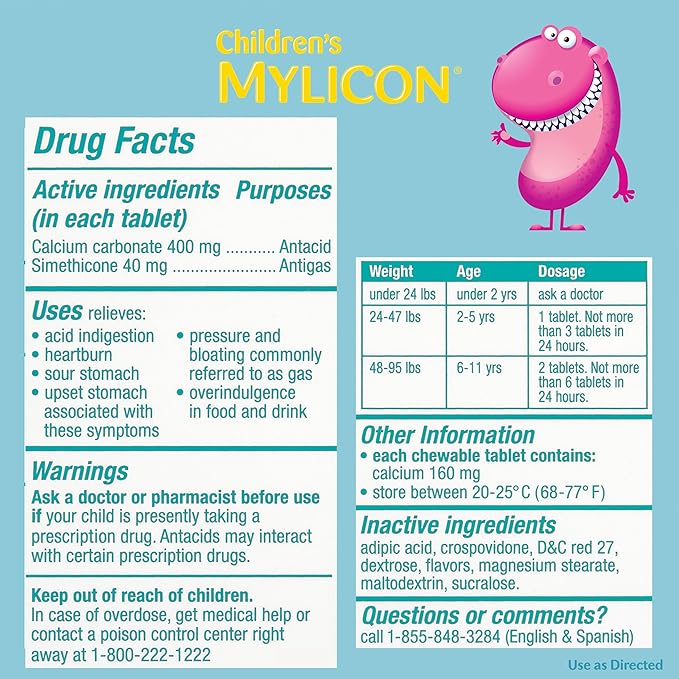 MYLICON Children's Tummy Relief for Kids, 24 Cherry Flavored Chewable Tablets