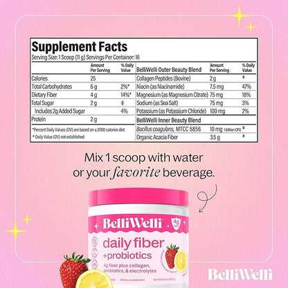 Fiber Supplement for Women&Men, Premium Daily Fiber Powder from Organic Acacia with Added Collagen, Electrolytes&Probiotics, No Bloat, Constipation&Gut Health Support (Strawberry Lemonade)