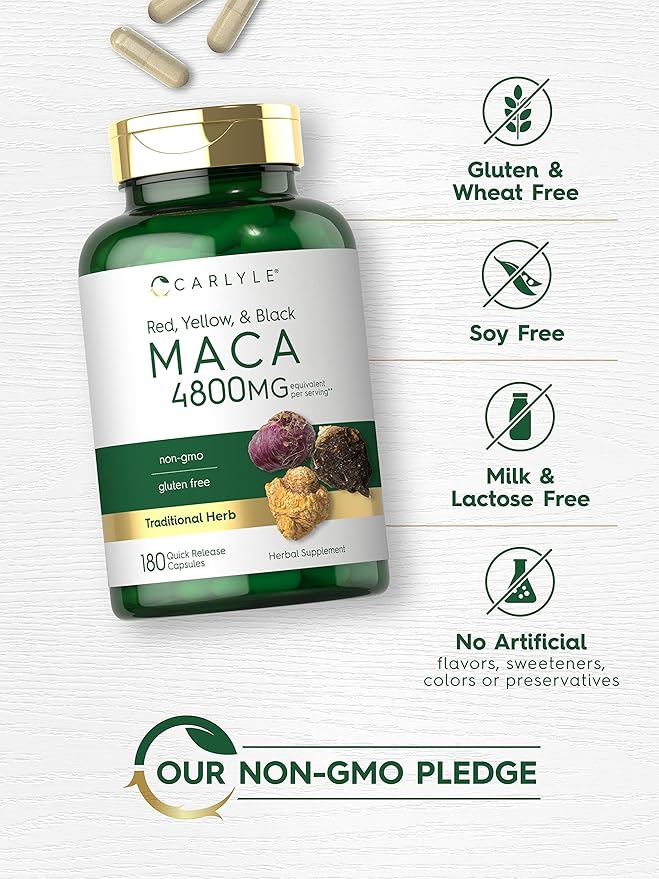 Carlyle Maca Root | Powder Capsules for Women & Men | 4800 mg | 180 Count | High Potency Extract | Non-GMO & Gluten Free Supplement