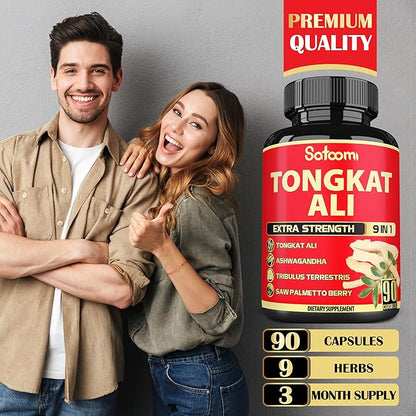 Satoomi 9in1 Tongkat Ali Root Extract - Ashwagandha, Tribulus Terrestris - 90 Capsules for 3 Months - Support Strength, Energy & Healthy Immune