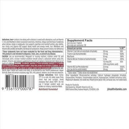 JSHealth Vitamins Iron+ Supplement for Energy Support - Iron Deficiency Pills with Vitamin C and Vitamin B12 - No Nausea - (30 Tablets)