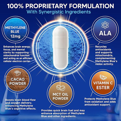 aSquared Nutrition Methylene Blue Capsules - Pharmaceutical Grade Supplement for Humans - 12mg USP Grade - w/Vitamin C & Cacao Powder - Brain, Focus, Energy - Alternative to Drops & Tablets