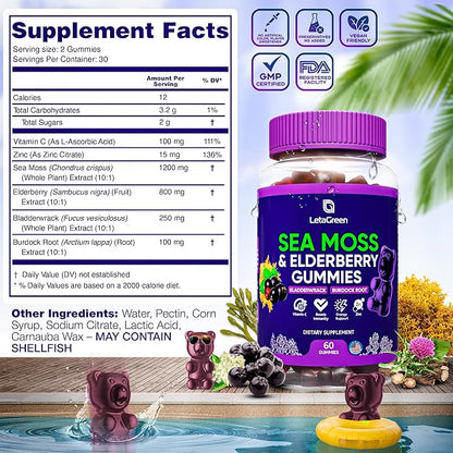 Irish Sea Moss Gummies – Sea Moss Bladderwrack Burdock Elderberry – 60 Vegan Seamoss Bears – Elderberry Gummies for Kids & Adults with Vitamin C & Zinc