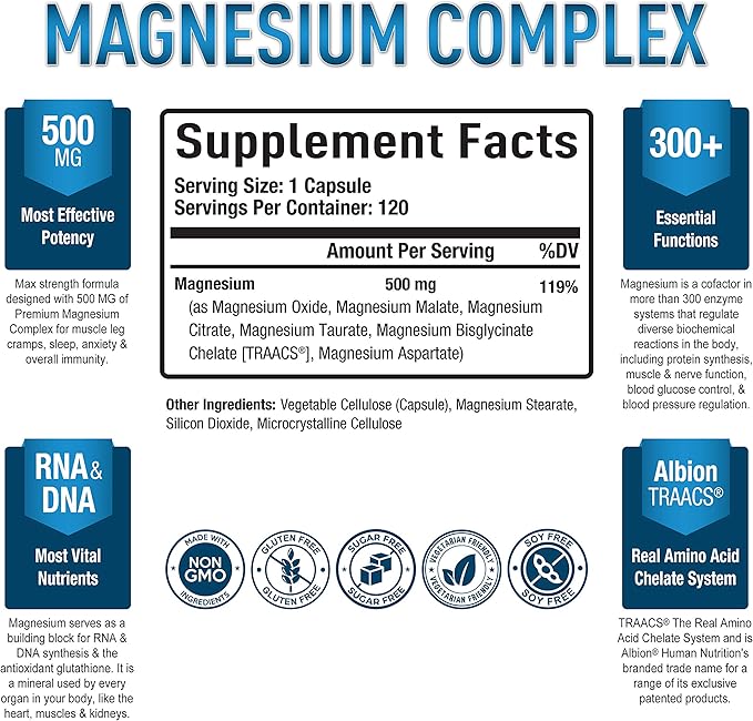 Purely Optimal Premium Multi Collagen Powder + Premium Magnesium Complex - Magnesium Citrate, Malate, Muscle Relaxation - 120 caps