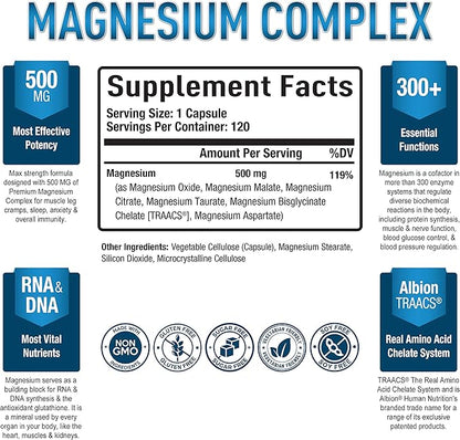 Purely Optimal Premium Multi Collagen Powder + Premium Magnesium Complex - Magnesium Citrate, Malate, Muscle Relaxation - 120 caps