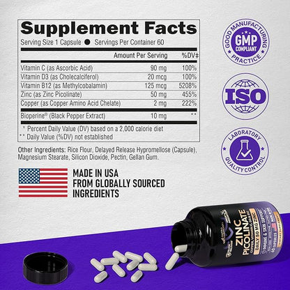 Zinc Picolinate 50mg - Zinc Supplement with Copper, Vitamin D3 & B12 - Stomach Friendly | Slow Release - Immune Support & Skin Health - High Absorption with BioPerine & Vitamin C - 60 Capsules