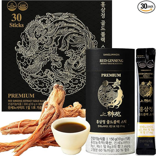 Korean Food Sanglimwon Gold Black Stick, High-Potency Red Ginseng with 17mg Ginsenosides, Luxurious Gift Package, 30 Sticks
