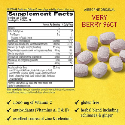 Airborne 1000mg Vitamin C Chewable Tablets Citrus & Very Berry Flavor Bundle - Immune Support Supplement with Zinc and Powerful Antioxidant Vitamins A C & E, (2x96ct bottles)*