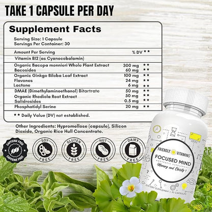 Focused Mind – Daily Brain Supplement for Memory and Focus Support | Nootropic for Concentration, Mental Clarity, and Brain Energy | Cognitive Supplement for Work, School, or Everyday Demands