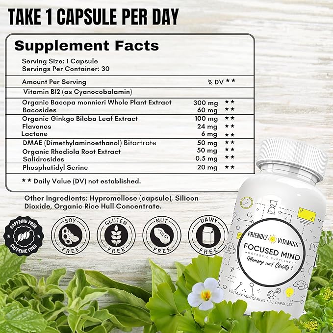 Focused Mind – Daily Brain Supplement for Memory and Focus Support | Nootropic for Concentration, Mental Clarity, and Brain Energy | Cognitive Supplement for Work, School, or Everyday Demands