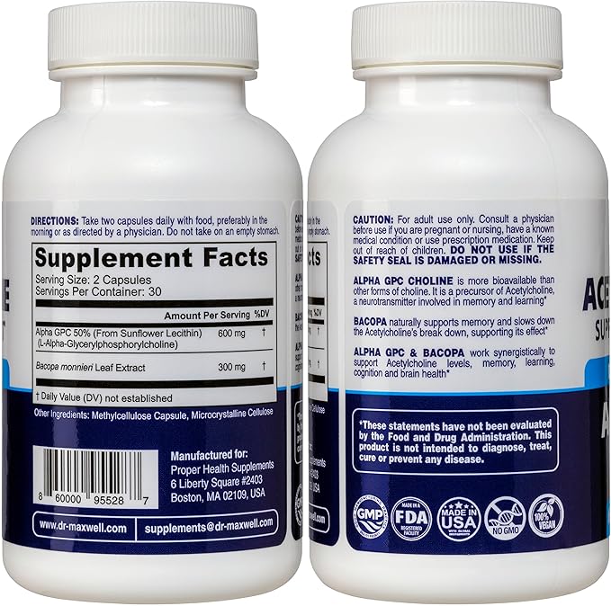 Acetylcholine, Alpha GPC Choline 600mg + Bacopa, Better Than Each Alone. More Reliable Acetylcholine (Supports Memory & Learning) Supplement, 60 Capsules
