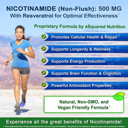 aSquared Nutrition Nicotinamide with Resveratrol - 120 Veggie Capsules - Vitamin B3 500mg (Niacinamide Flush Free) - Supplement Pills to Support NAD, Skin Cell Health & Energy