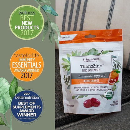 Quantum Health TheraZinc USDA Organic Blood Orange Zinc Lozenges For Adults and Kids, For Immune System Support, Individually Wrapped & Bagged, 18 Ct.