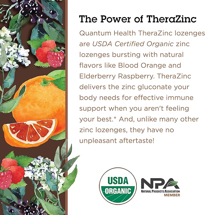 Quantum Health TheraZinc USDA Organic Zinc Lozenges|Blood Orange|Immune Support Formulated with Zinc Gluconate|Fast Relief|No Aftertaste|25 Count