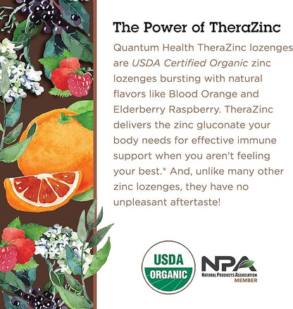 Quantum Health TheraZinc USDA Organic Zinc Lozenges|Blood Orange|Immune Support Formulated with Zinc Gluconate|Fast Relief|No Aftertaste|25 Count