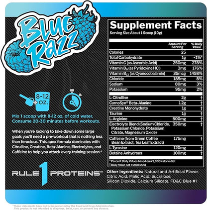 Rule 1 R1 Roar - Pre-Workout Powder with Creatine, Beta-Alanine, Citrulline, Electrolytes & Caffeine (30 Servings, Blue Razz)
