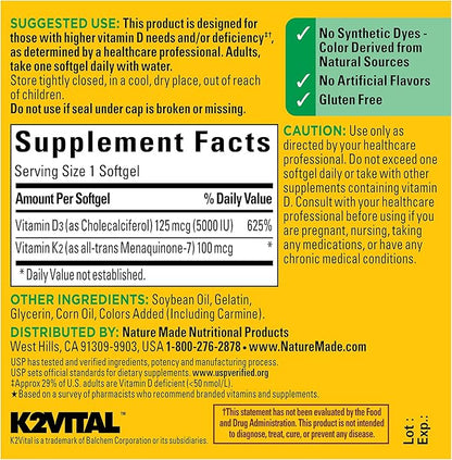 Nature Made Vitamin D3 K2, 5000 IU (125 mcg) Vitamin D, Dietary Supplement for Bone, Teeth, Muscle and Immune Health Support, 30 Softgels, 30 Day Supply