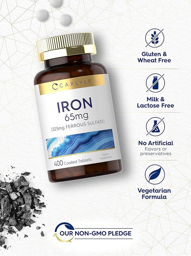 Carlyle Iron Ferrous Sulfate 365mg, 65 mg | 400 Tablets | Non-GMO, Gluten Free, and Vegetarian Supplement | High Potency